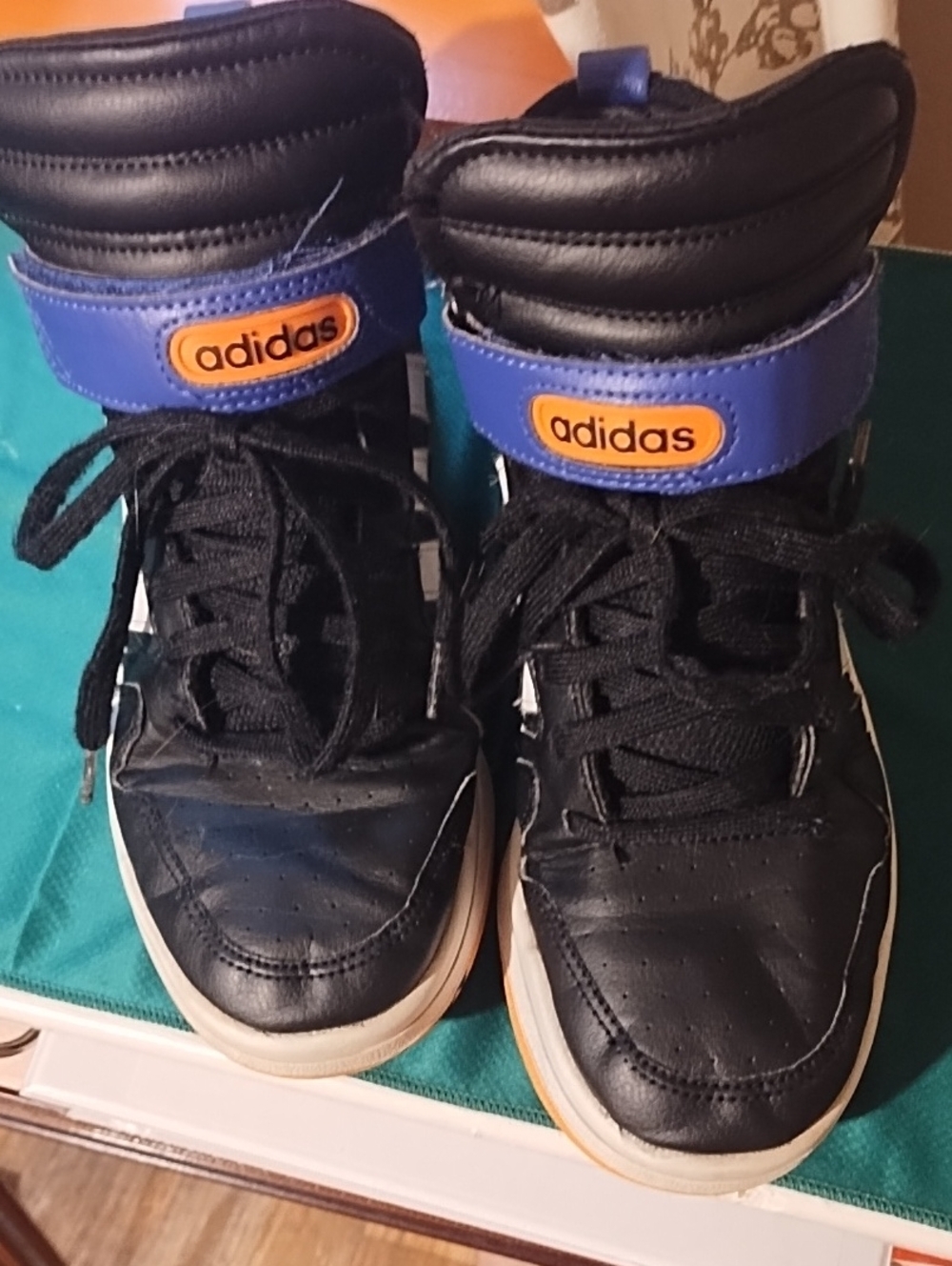 adidas Kids Black High-Top Sneakers with Blue and Orange Accents Big Boys Size 6